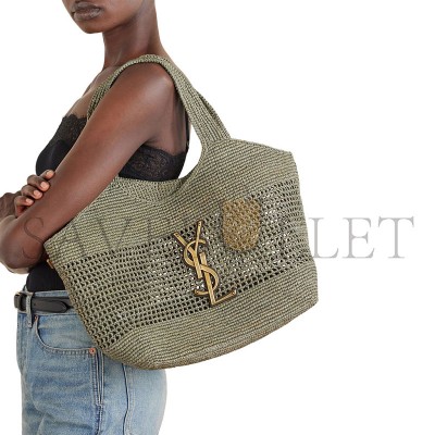 YSL ICARE MAXI LEATHER-TRIMMED RAFFIA TOTE (46*28*5cm) 